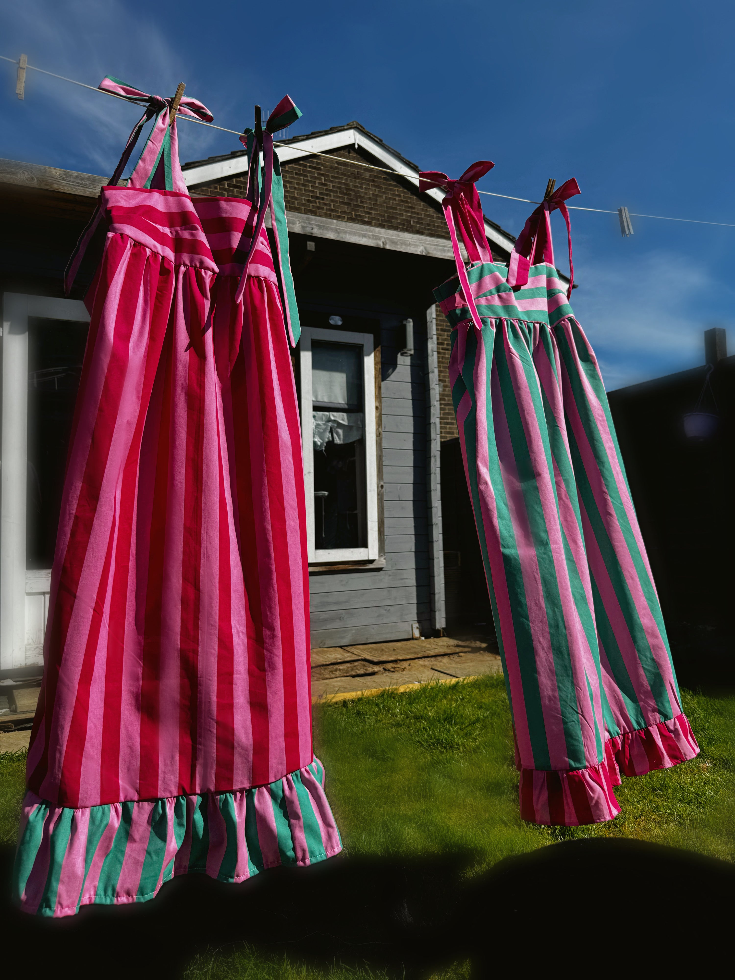 Jessica midi dress in green & pink seaside stripe UK12