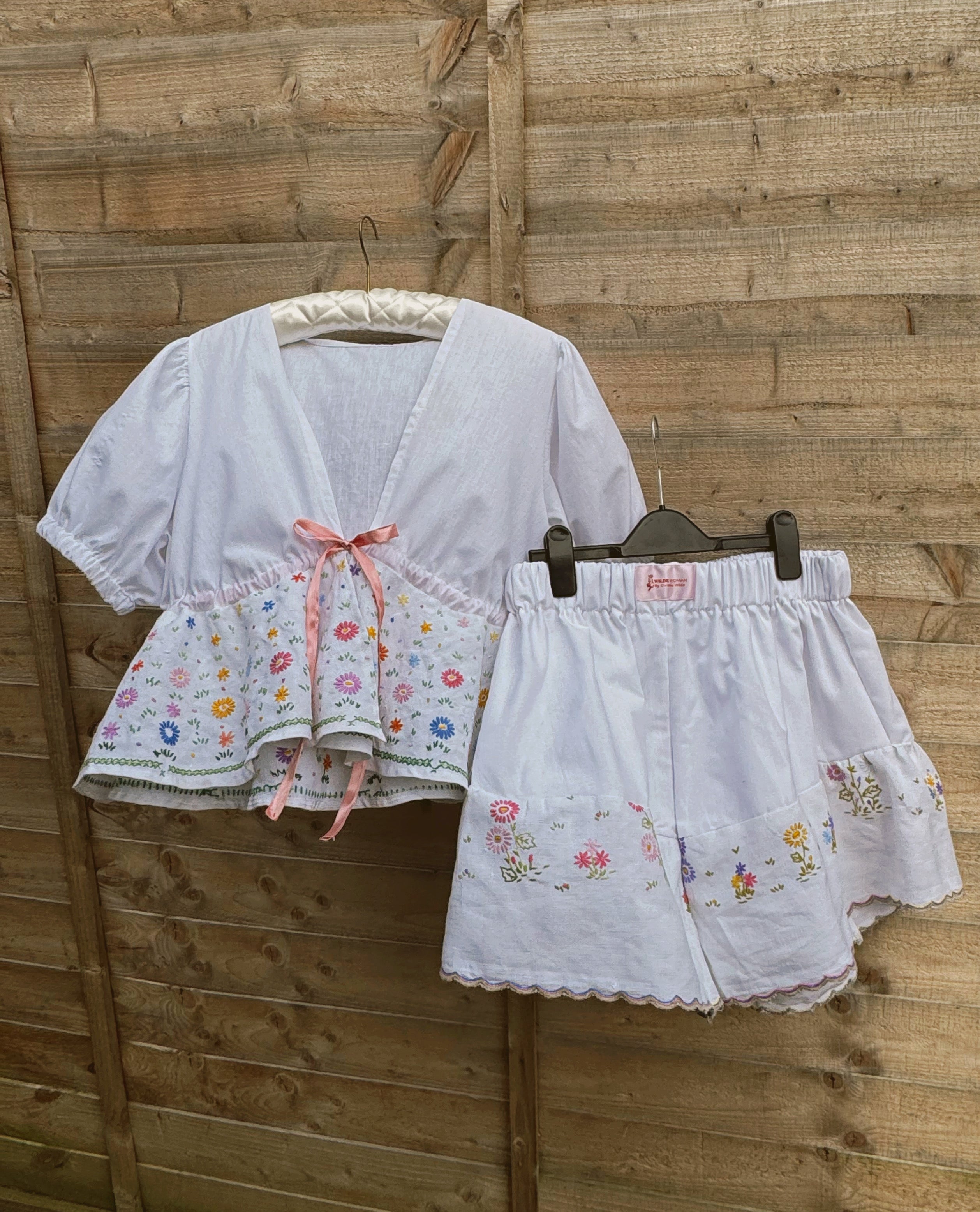 Juniper set in vintage hand embroidered fabric- small