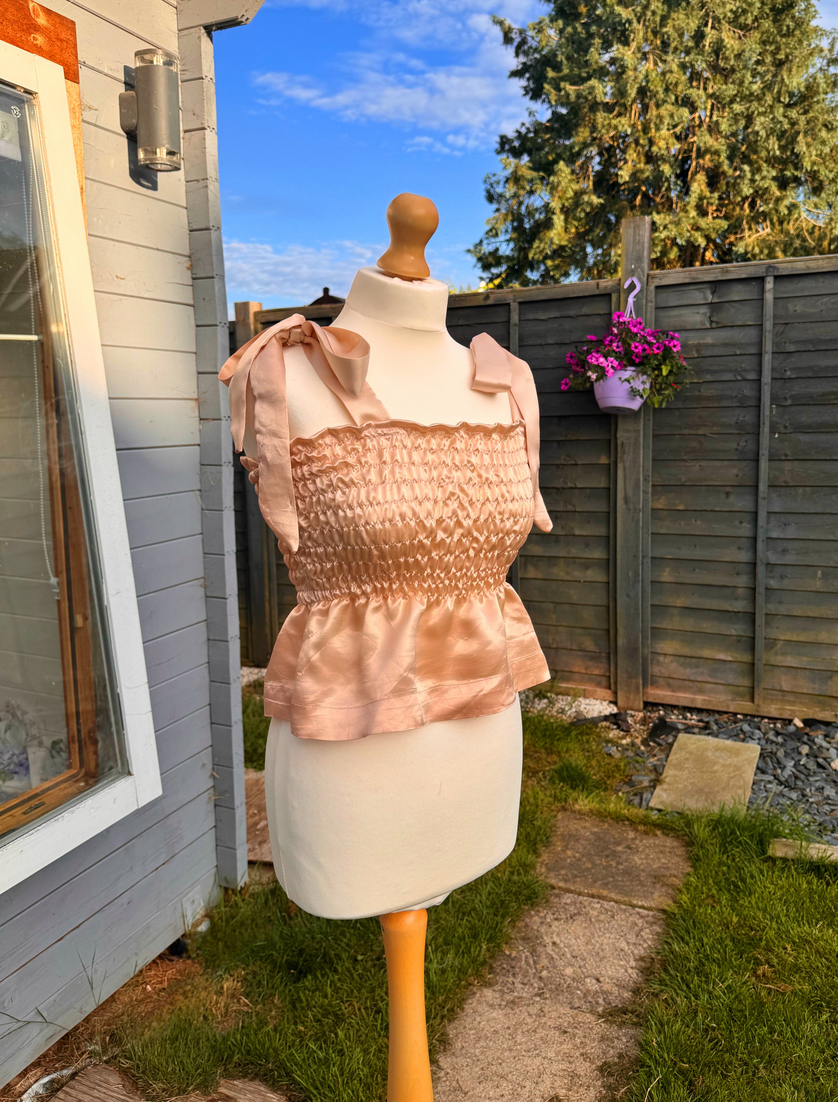 Peach Satin shirred top with tie shoulders size UK8-14