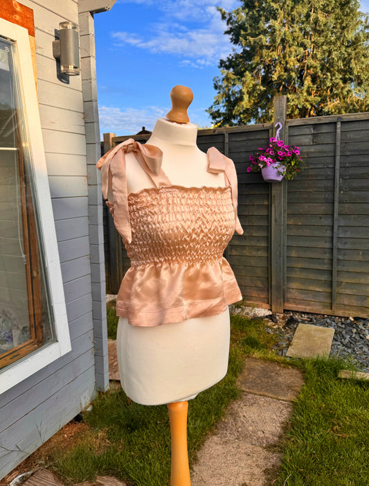 Peach Satin shirred top with tie shoulders size UK8-14