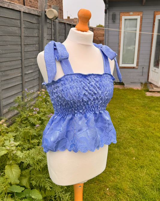 Blue shirred top UK8-14 with scalloped hem