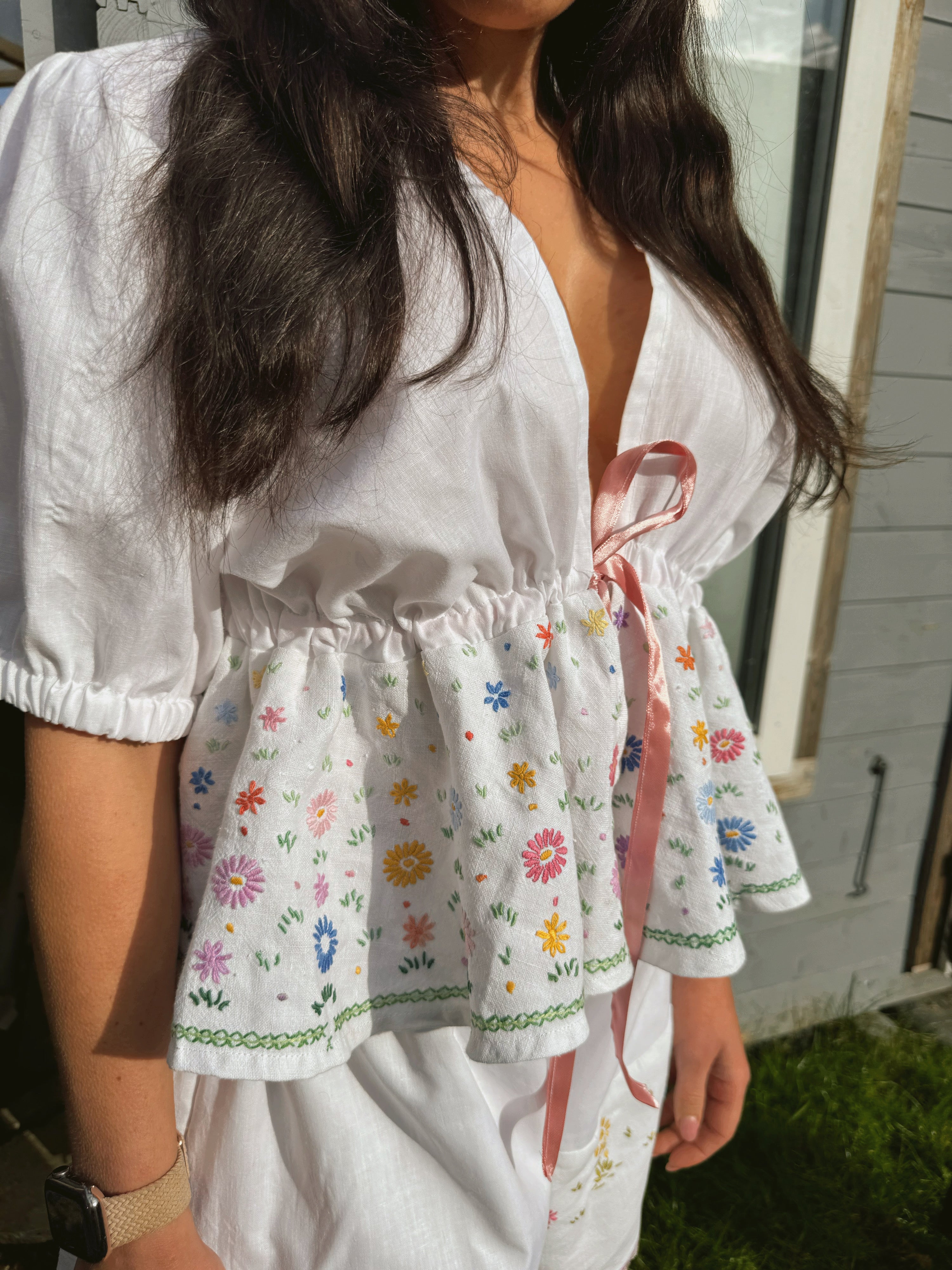 Juniper set in vintage hand embroidered fabric- small